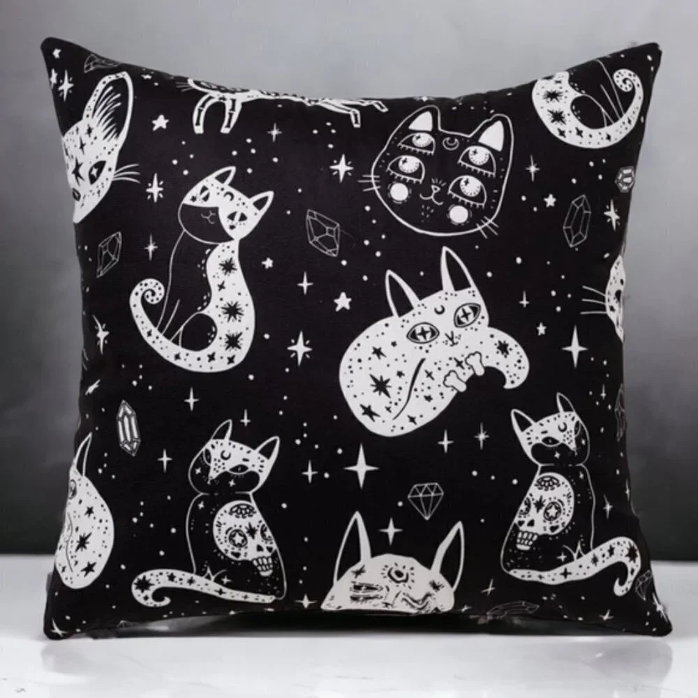 Pillow Cover Celestial Cat Moon Stars Black White Large Square 17.7 in